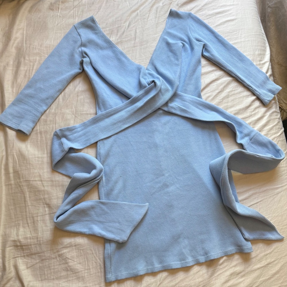 THE LINE BY K baby blue cotton rib ribbed v-neck tie waist 3/4 sleeve mini dress